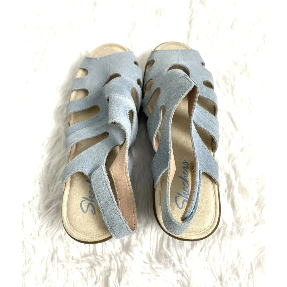 Skechers Memory Foam Womens Wedge Sandals Size 8 Blue Sky Suede Slingback - Picture 7 of 12